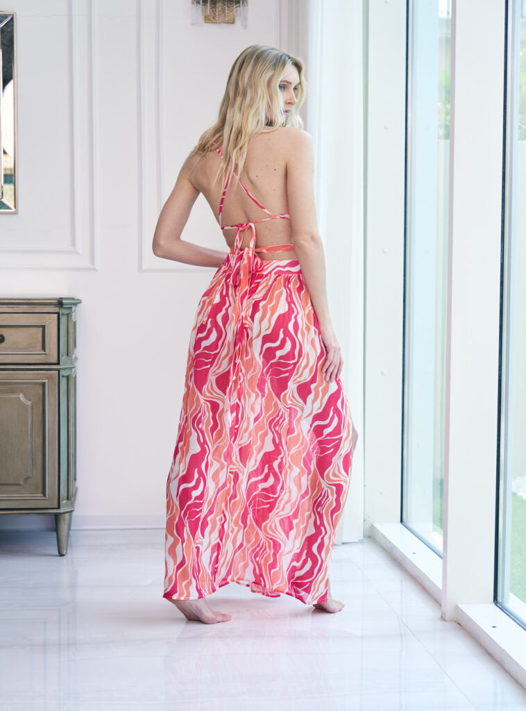 Cut-out ring cover-up beach dress in hot pink orange